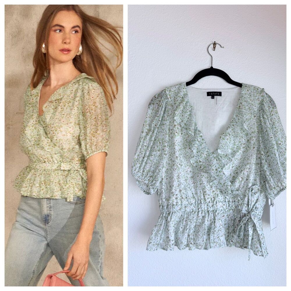 NWT 1.STATE Floral Wrap Style Peplum Blouse in Robin's Egg Blue Size S